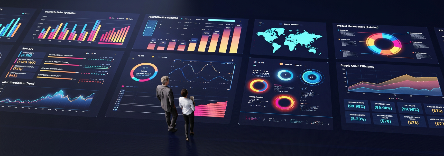 People survey a giant
        infomational dashboard, on which they are standing